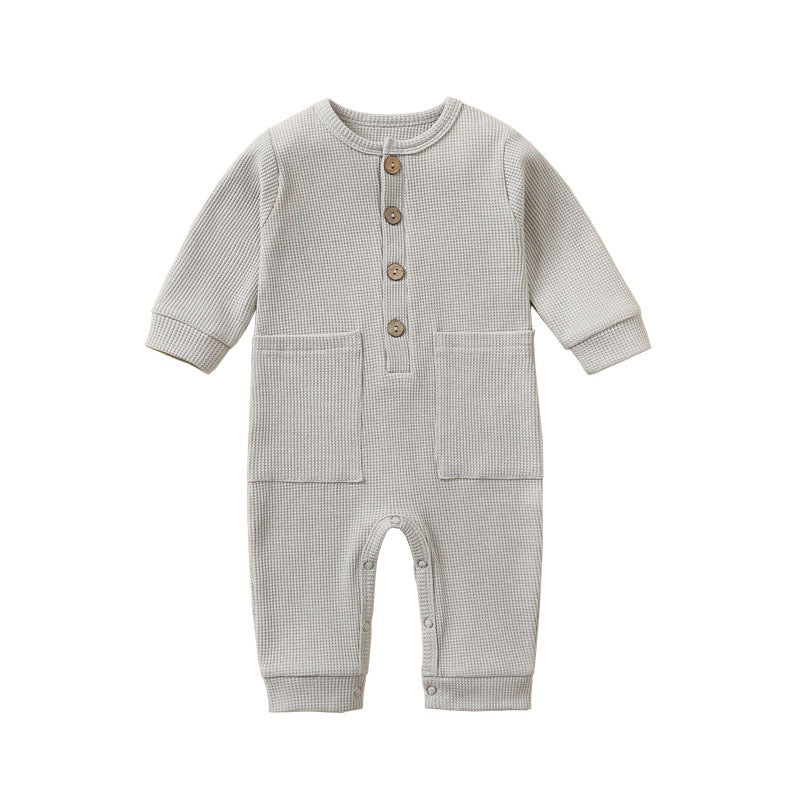 Long Sleeve Romper with Pockets - Grey | Button-Up