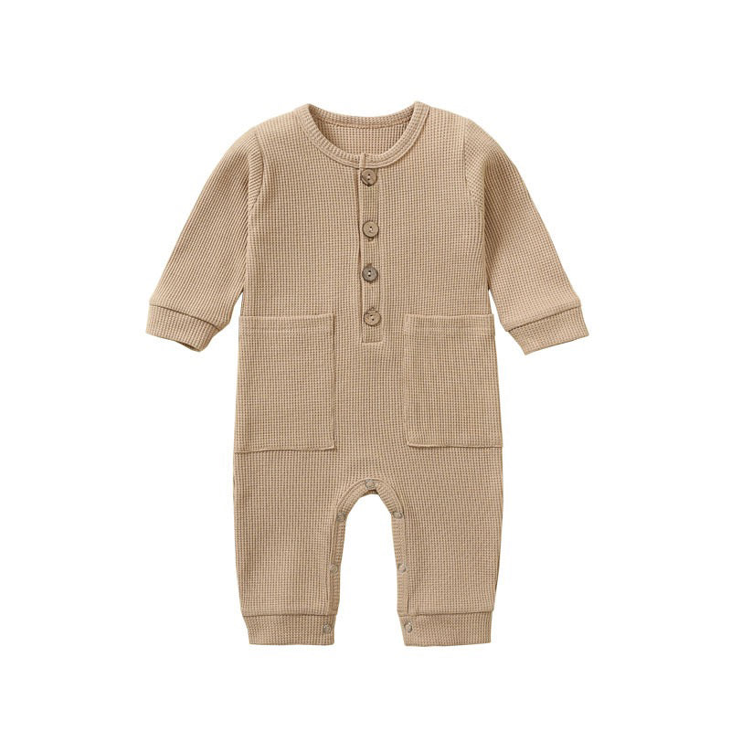 Long Sleeve Romper with Pockets - Brown | Button-Up