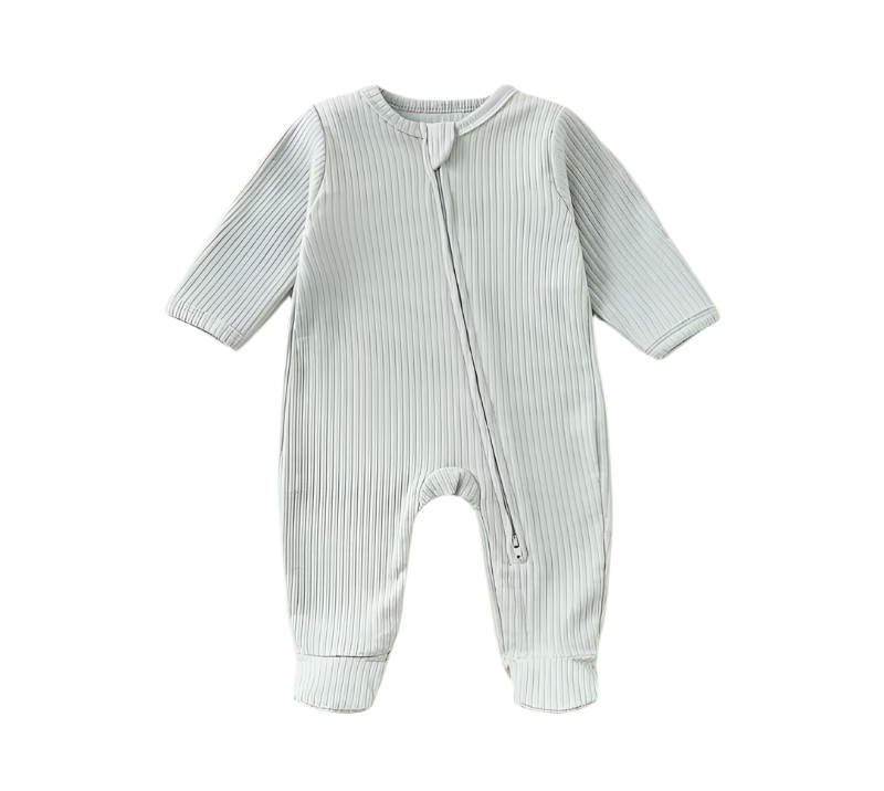 Long Sleeve Zip-Up Romper – Light Green | Ribbed