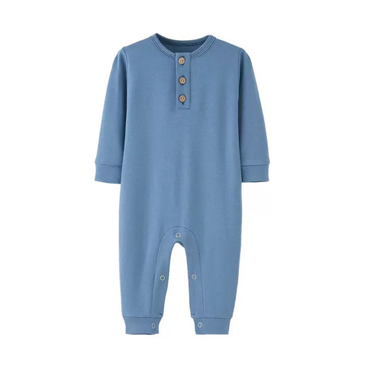 Long Sleeve Baby Romper - Blue | Button-Up Onesie
