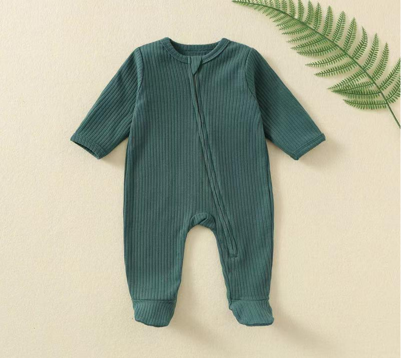 Long Sleeve Zip-Up Romper – Dark Green | Ribbed