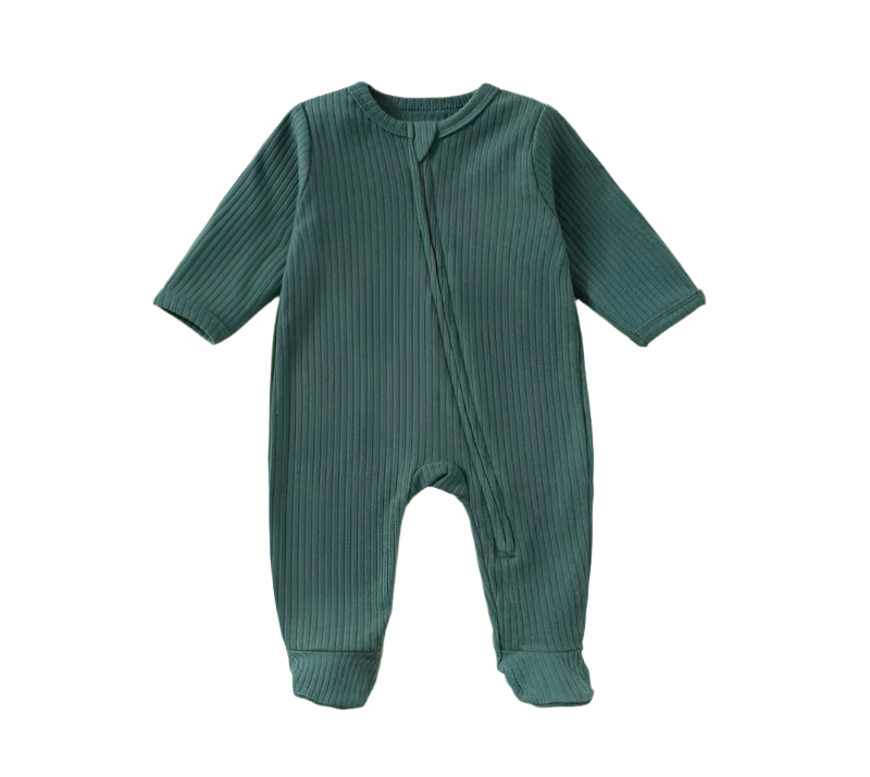 Long Sleeve Zip-Up Romper – Dark Green | Ribbed