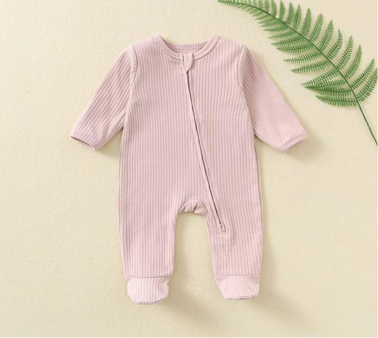 Long Sleeve Zip-Up Romper – Pink | Ribbed
