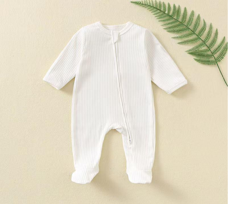 Long Sleeve Zip-Up Romper – White | Ribbed